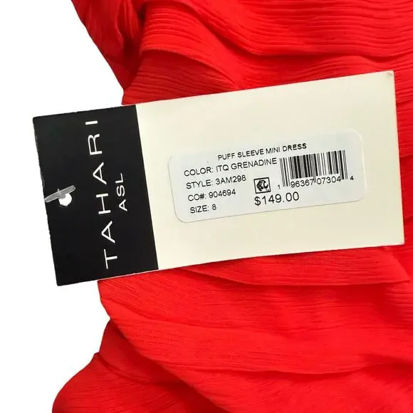 Tahari ASL Cherry Red Chiffon Short Puff Sleeve Notch Mini Dress size 8 NEW Tags - Picture 5 of 11